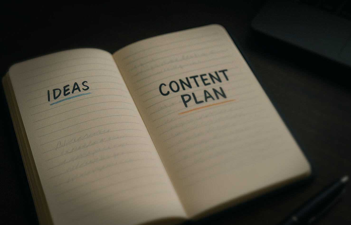 Foto eines aufgeschlagenen Notizbuchs mit handschriftlichen Notizen und Skizzen – symbolisch für Content-Planung mit Branding-Akzenten in Hellblau und Orange.